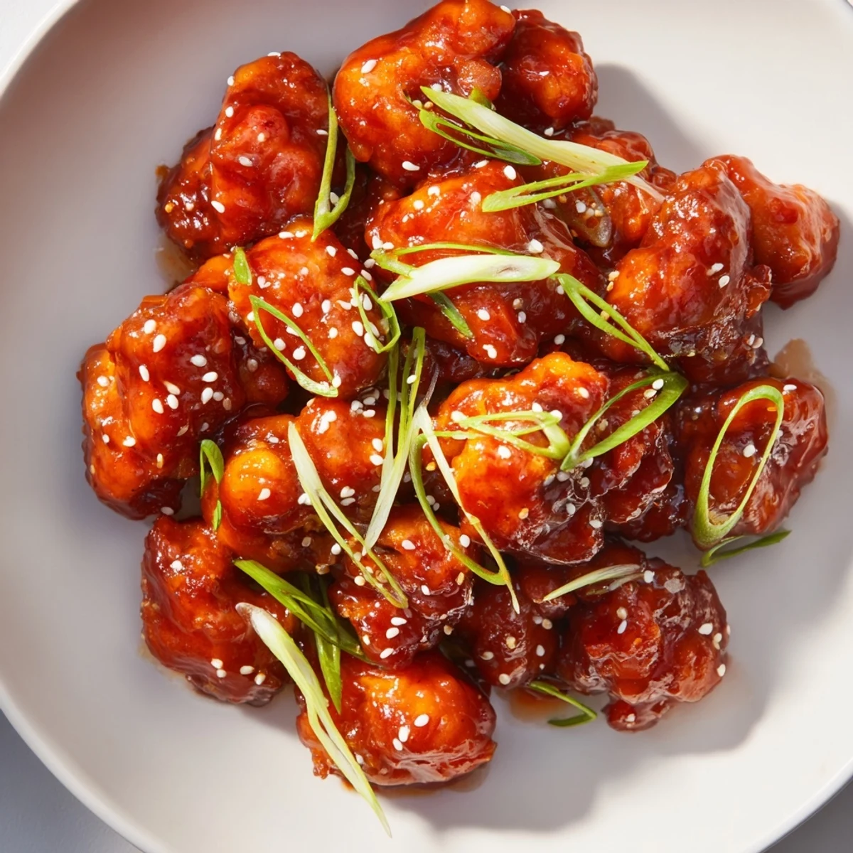 Golden brown sticky sweet chili chicken pieces glazed in a reddish-brown sweet and spicy sauce