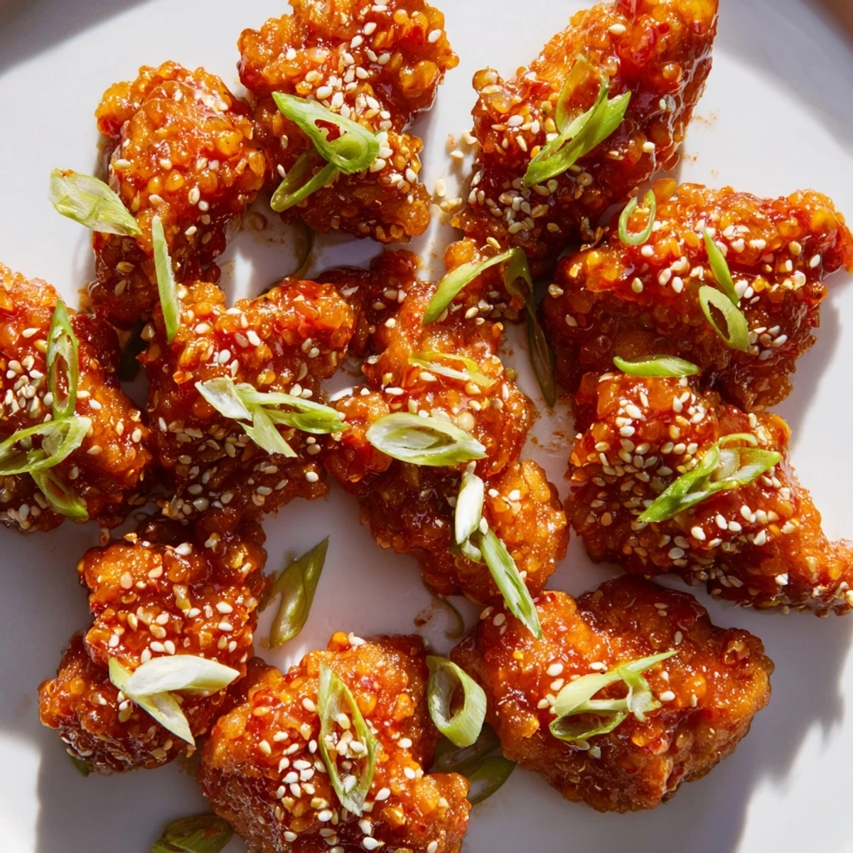 Plate of sticky sweet chili chicken garnished with green onions and sesame seeds over white rice