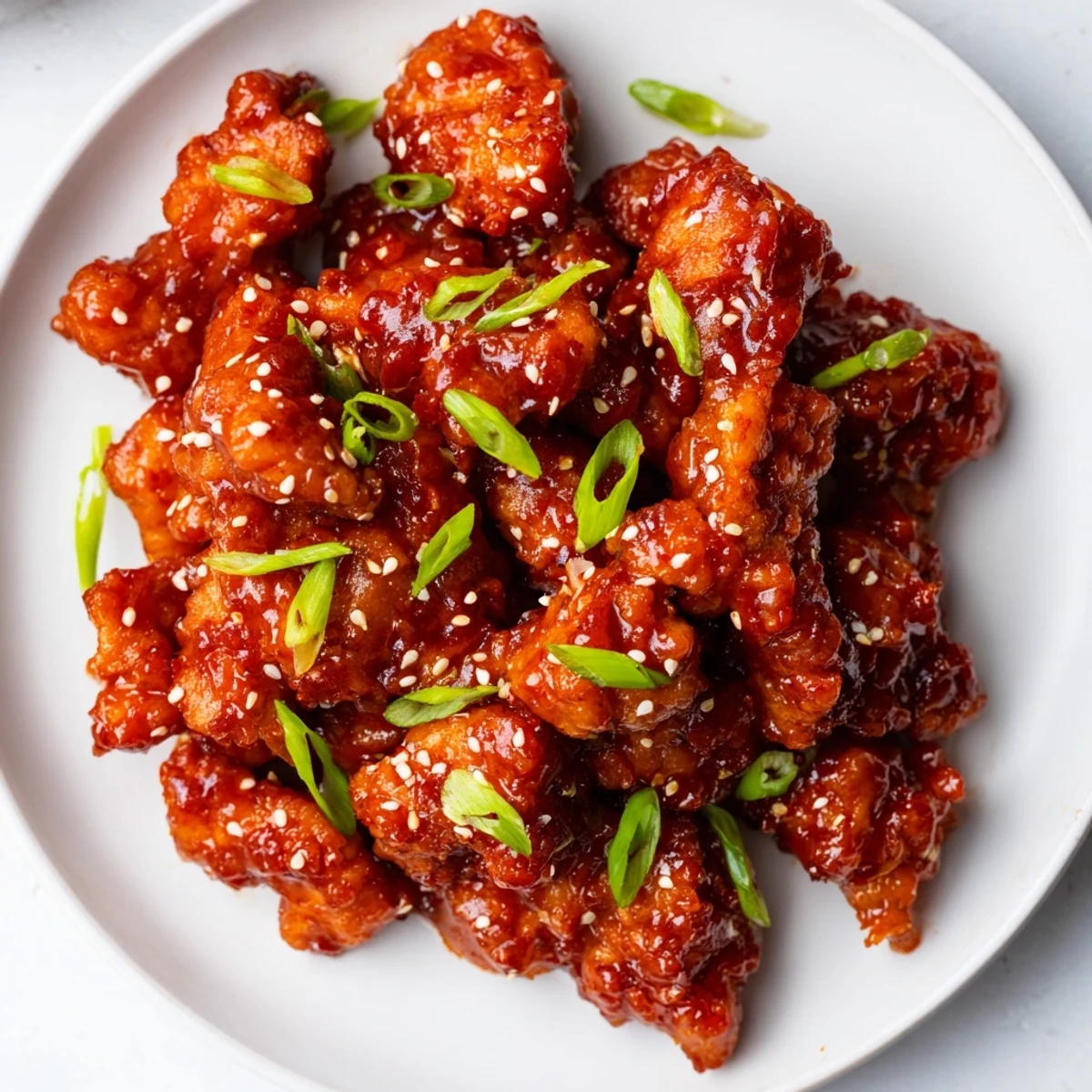 Close-up of tender sticky sweet chili chicken coated in a glossy thick sweet and spicy chili sauce