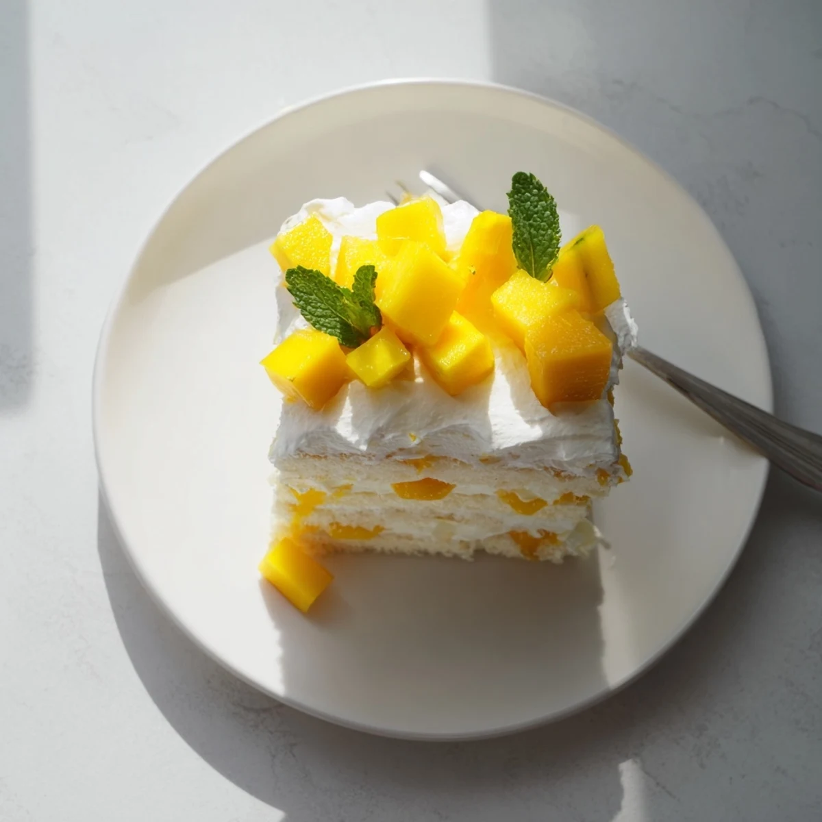 Golden mini mango yuzu Chantilly cake stacked with fluffy cream layers and fresh tropical fruit