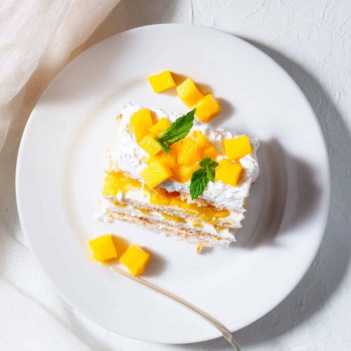 Small mango yuzu Chantilly cake revealing tangy curd between soft sponge and whipped cream tiers