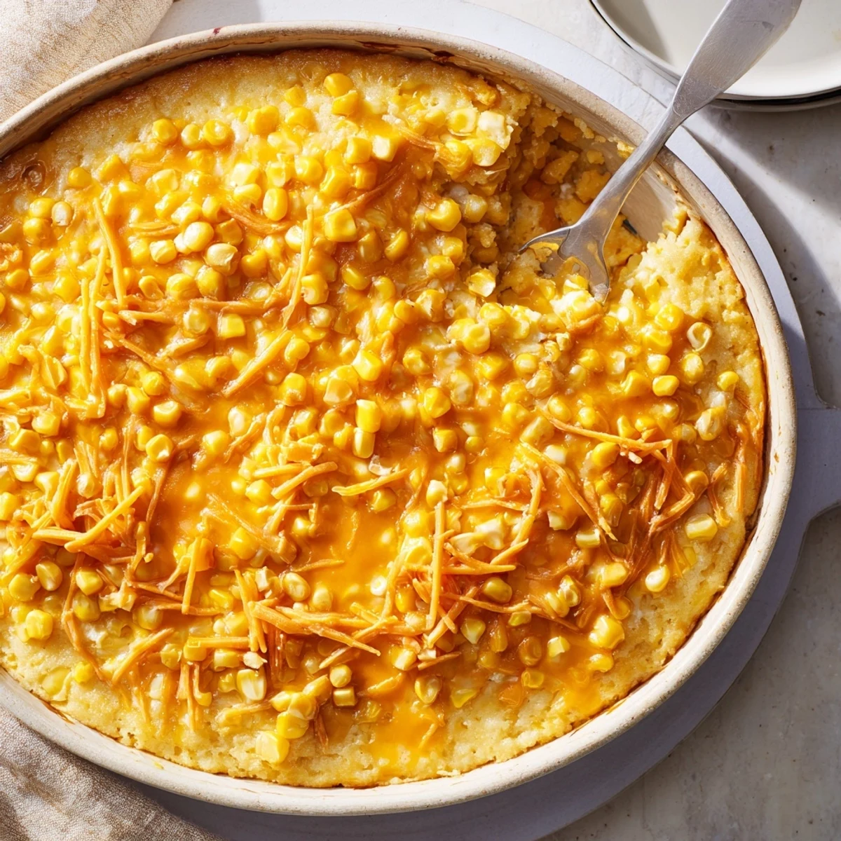 Golden honey glazed corn casserole with a caramelized top served in a white baking dish