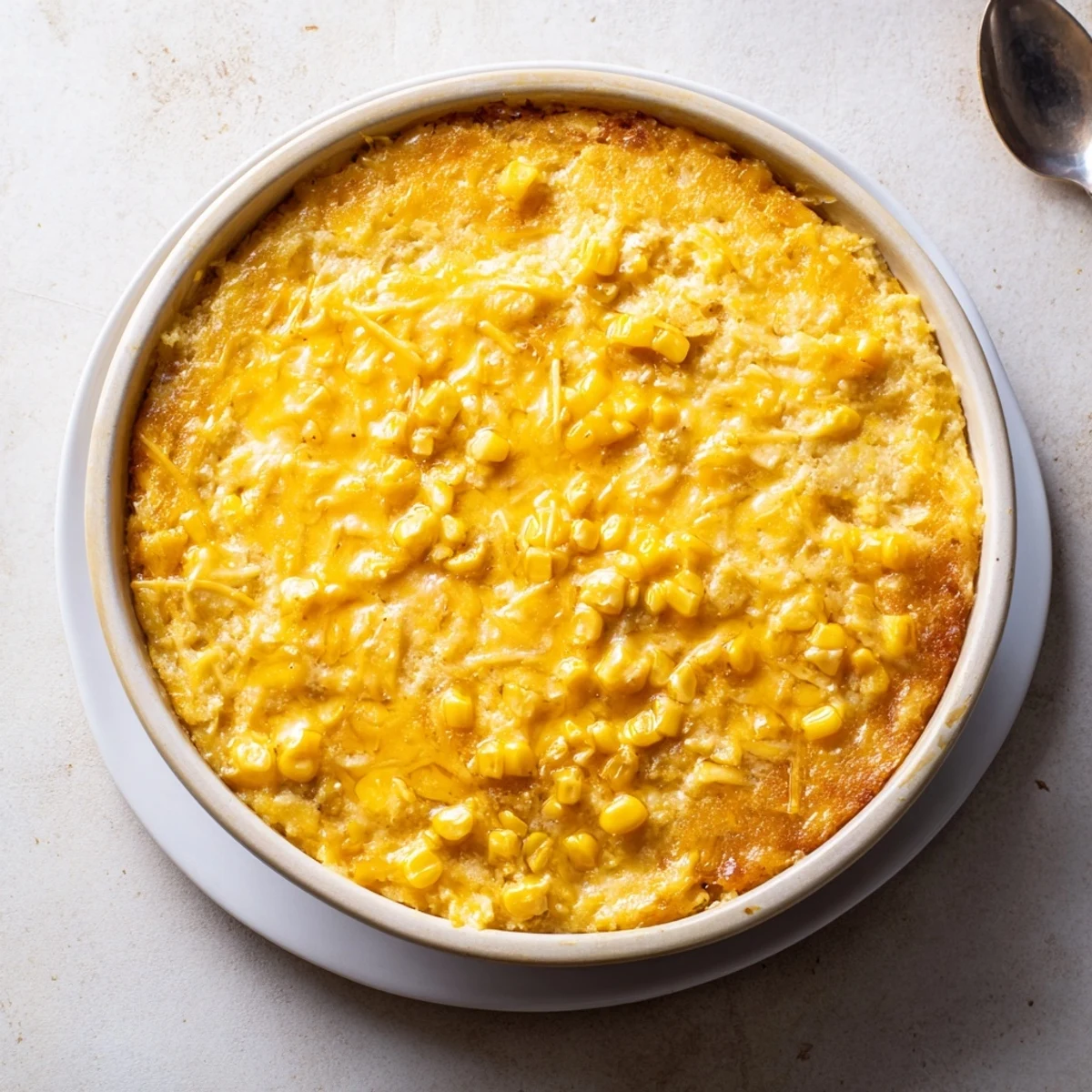 Creamy honey glazed corn casserole featuring tender kernels melted cheddar and a golden brown crust