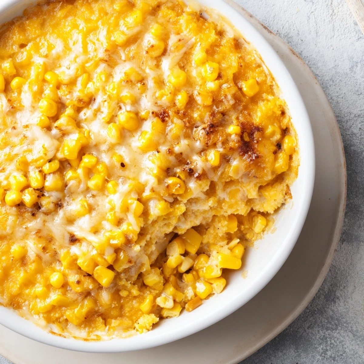 Spoonful of honey glazed corn casserole showing the sweet creamy interior with bright yellow corn pieces