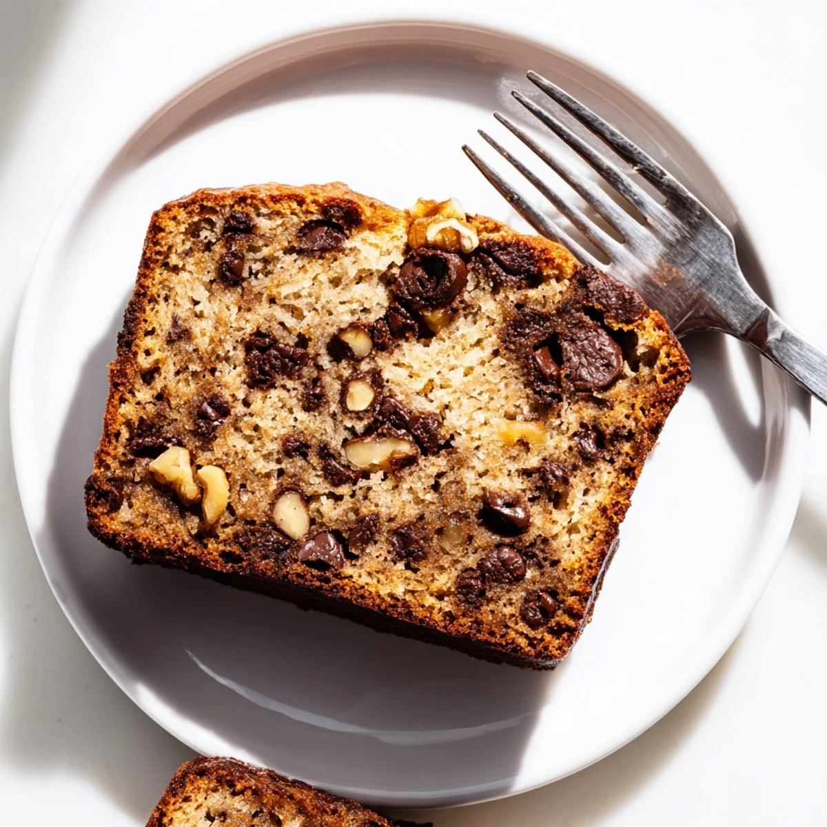 Moist banana bread slice studded with semisweet chips on a white plate