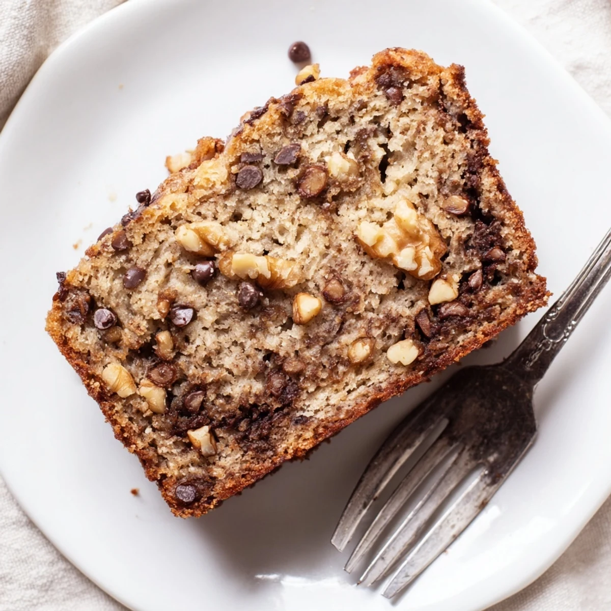Golden chocolate chip banana bread loaf with melted chocolate chunks on top