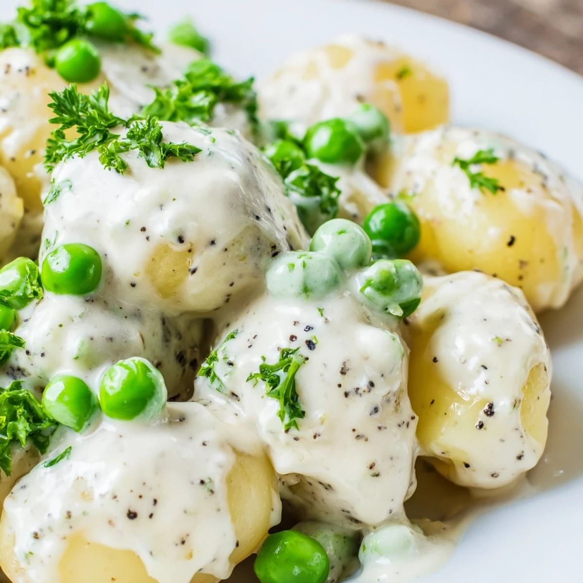Golden creamed peas and potatoes topped with fresh parsley in white serving bowl