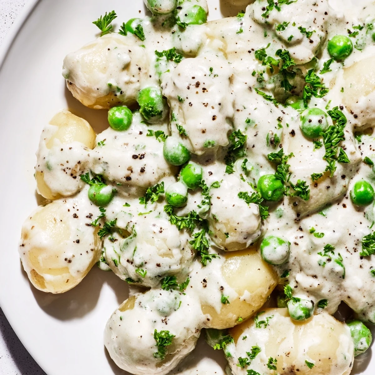 Creamy comfort food side dish featuring buttery potatoes and peas garnished with herbs