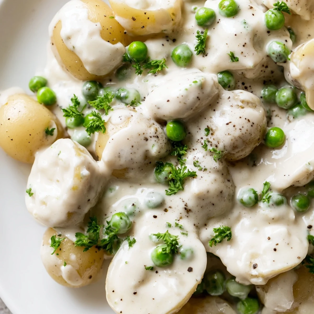 Tender baby potatoes and sweet green peas swimming in velvety white cream sauce