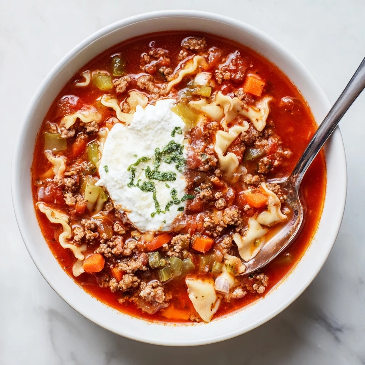 Steamy bowl of Italian lasagna soup topped with creamy ricotta dollop and fresh basil garnish