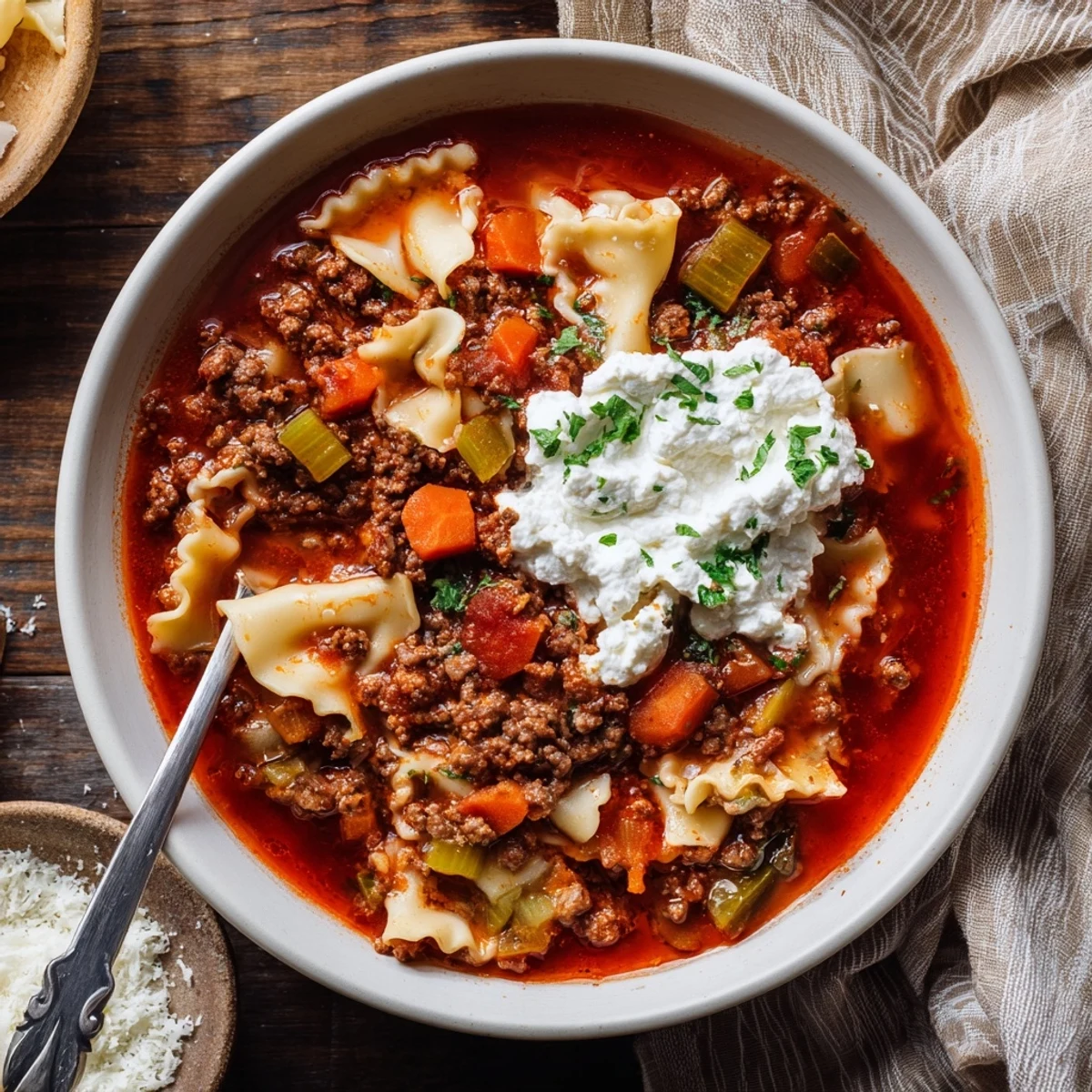 Hearty Italian lasagna soup with tender pasta pieces in rich tomato broth and melted mozzarella