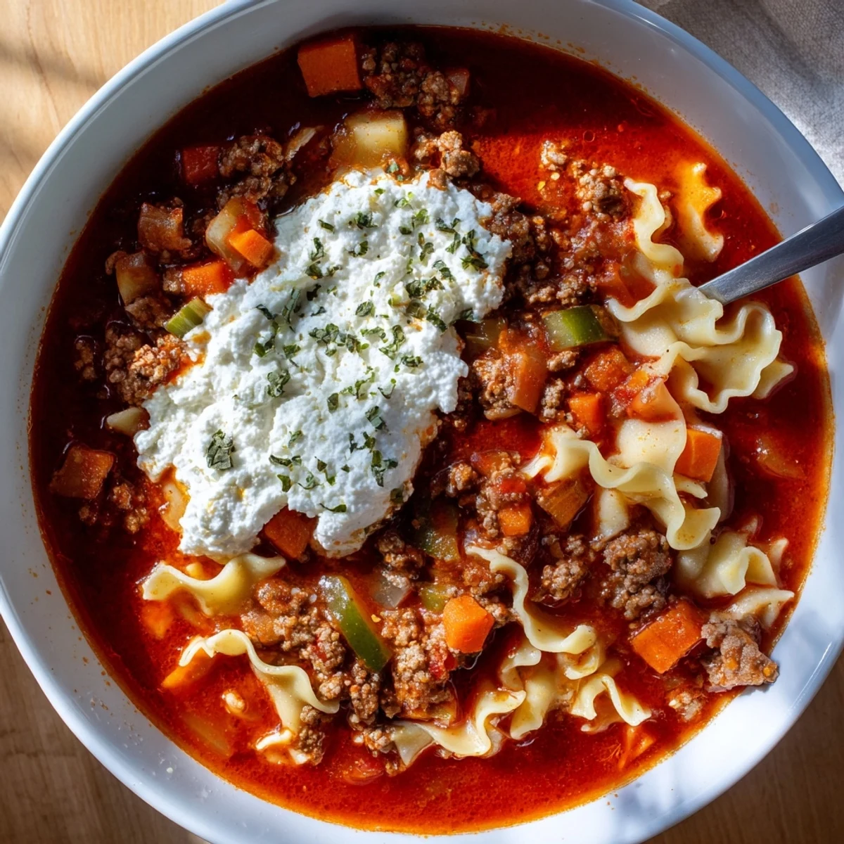 Comforting one-pot Italian lasagna soup featuring savory ground meat and fluffy cheese mixture on top