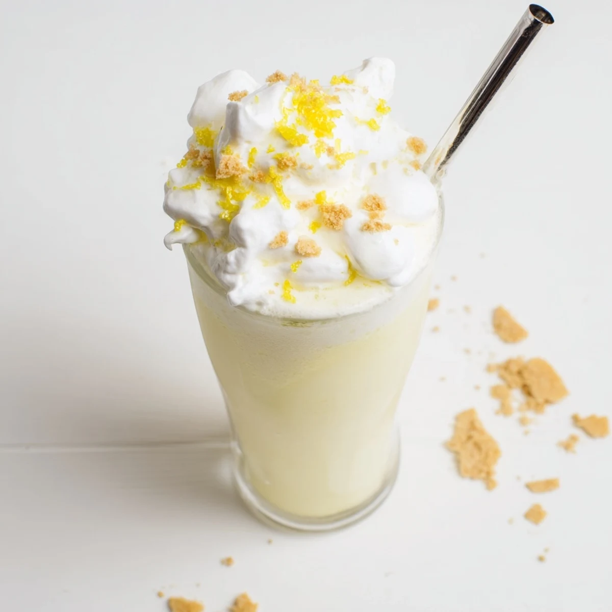 Tall glass of lemon meringue frappé topped with fluffy white meringue and fresh lemon zest garnish