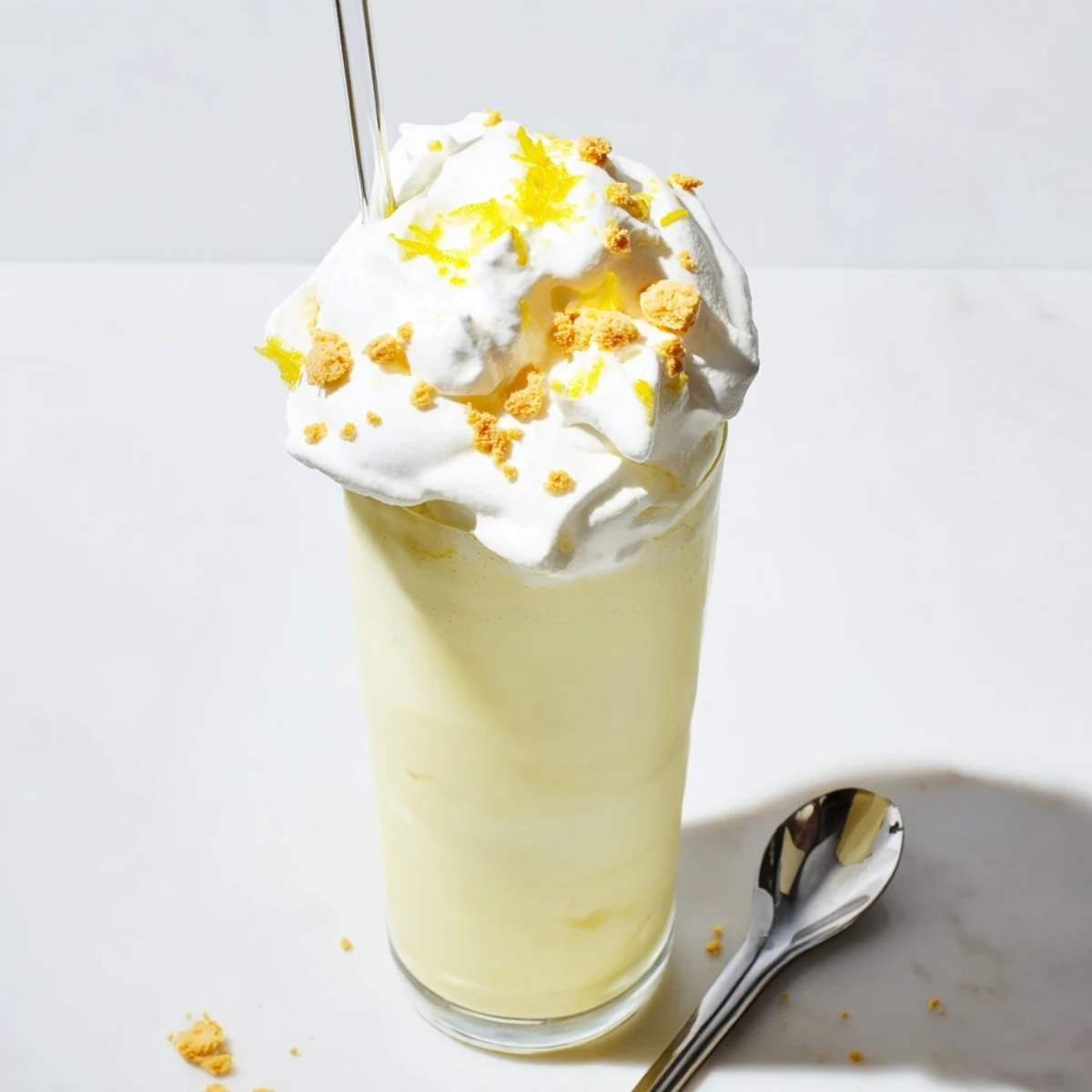 Refreshing lemon meringue frappé in tall glass with swirl of vanilla cream and citrus zest