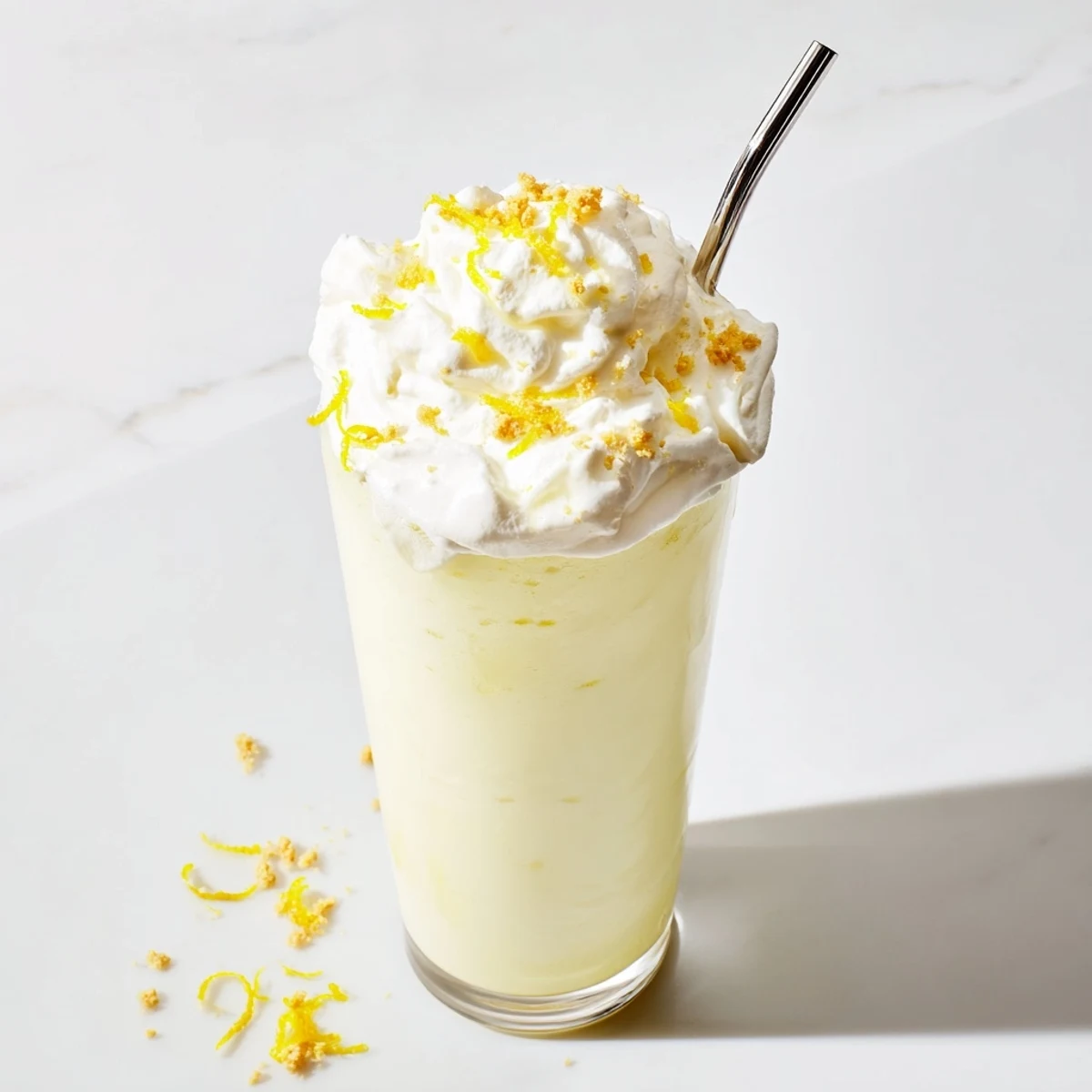 Creamy lemon meringue frappé blended with ice and crowned with glossy stiff peak meringue topping