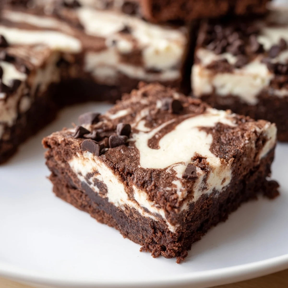 Rich chocolate brownie squares featuring marbled cottage cheese topping on a white plate