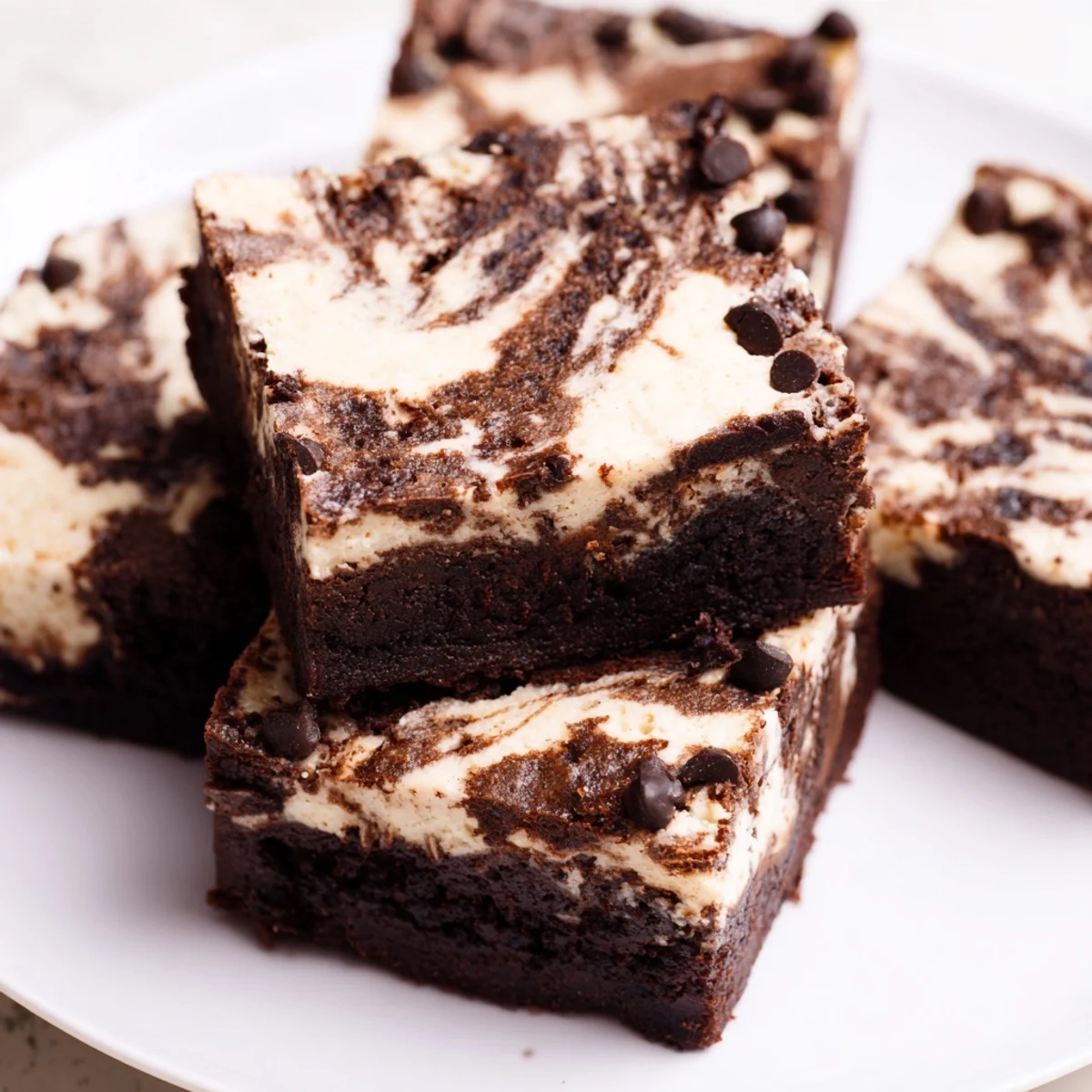 Homemade cottage cheese brownies displaying a beautiful swirl pattern cut into generous squares