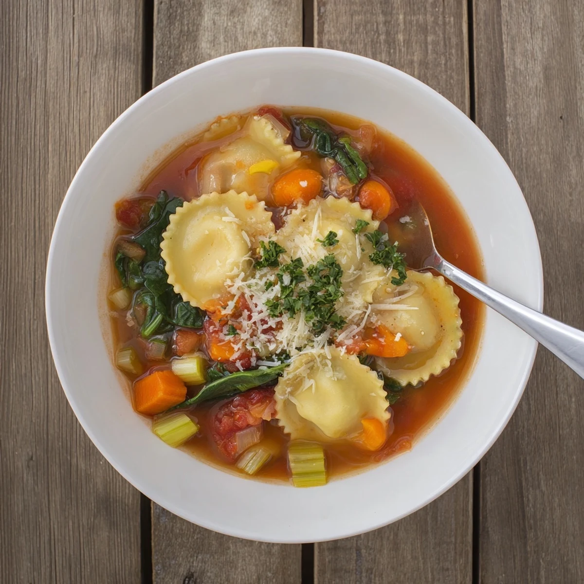 Comforting Easy Tuscan Ravioli Soup ladled into white bowl, showcasing colorful carrots, celery, and fresh herbs in savory broth