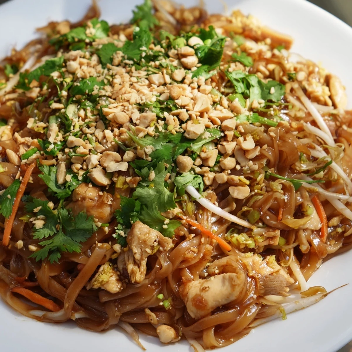 Steaming plate of savory chicken pad thai stir-fry with bean sprouts, cilantro, and roasted peanut garnish