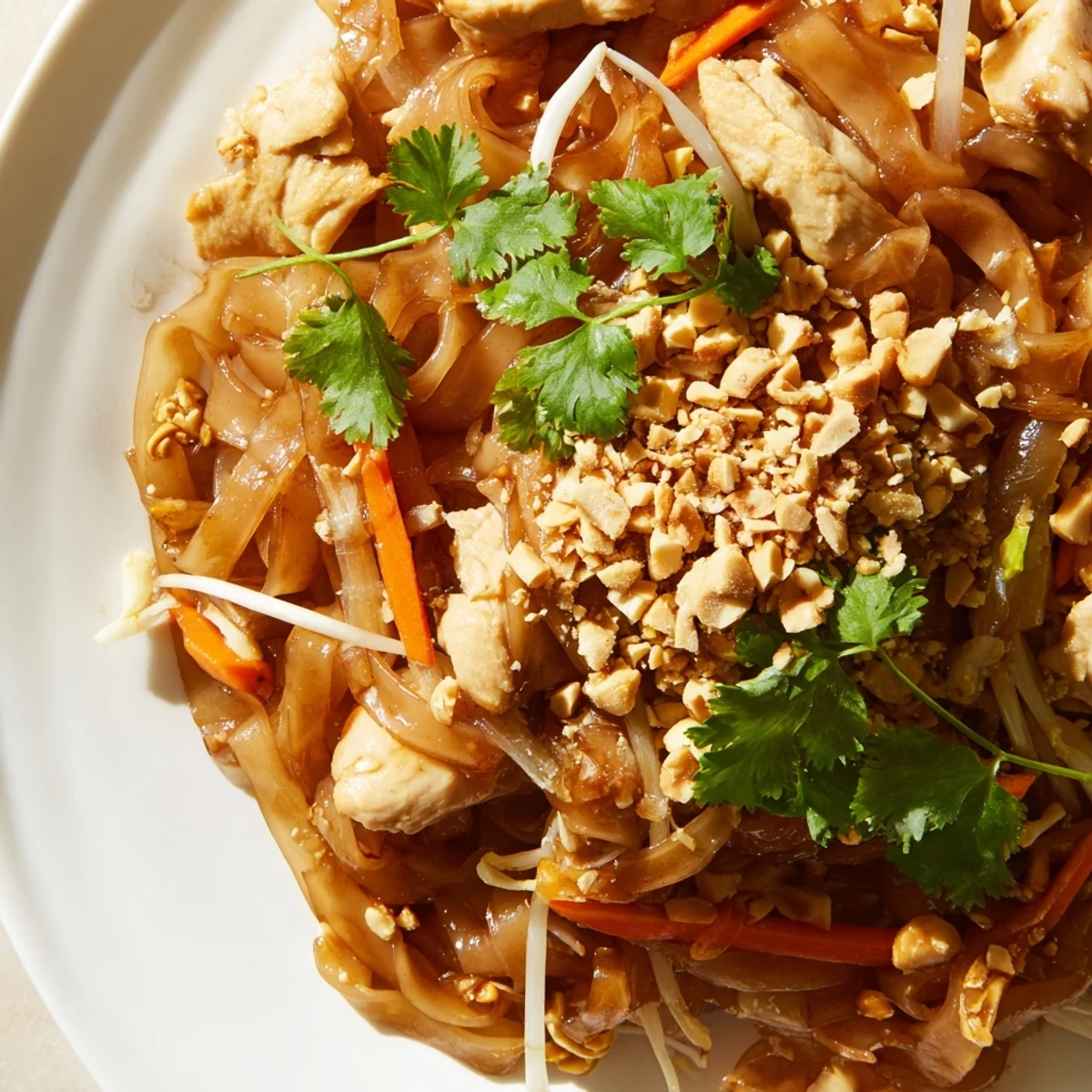 Close-up of authentic chicken pad thai featuring tender sliced chicken, spring onions, and vibrant lime