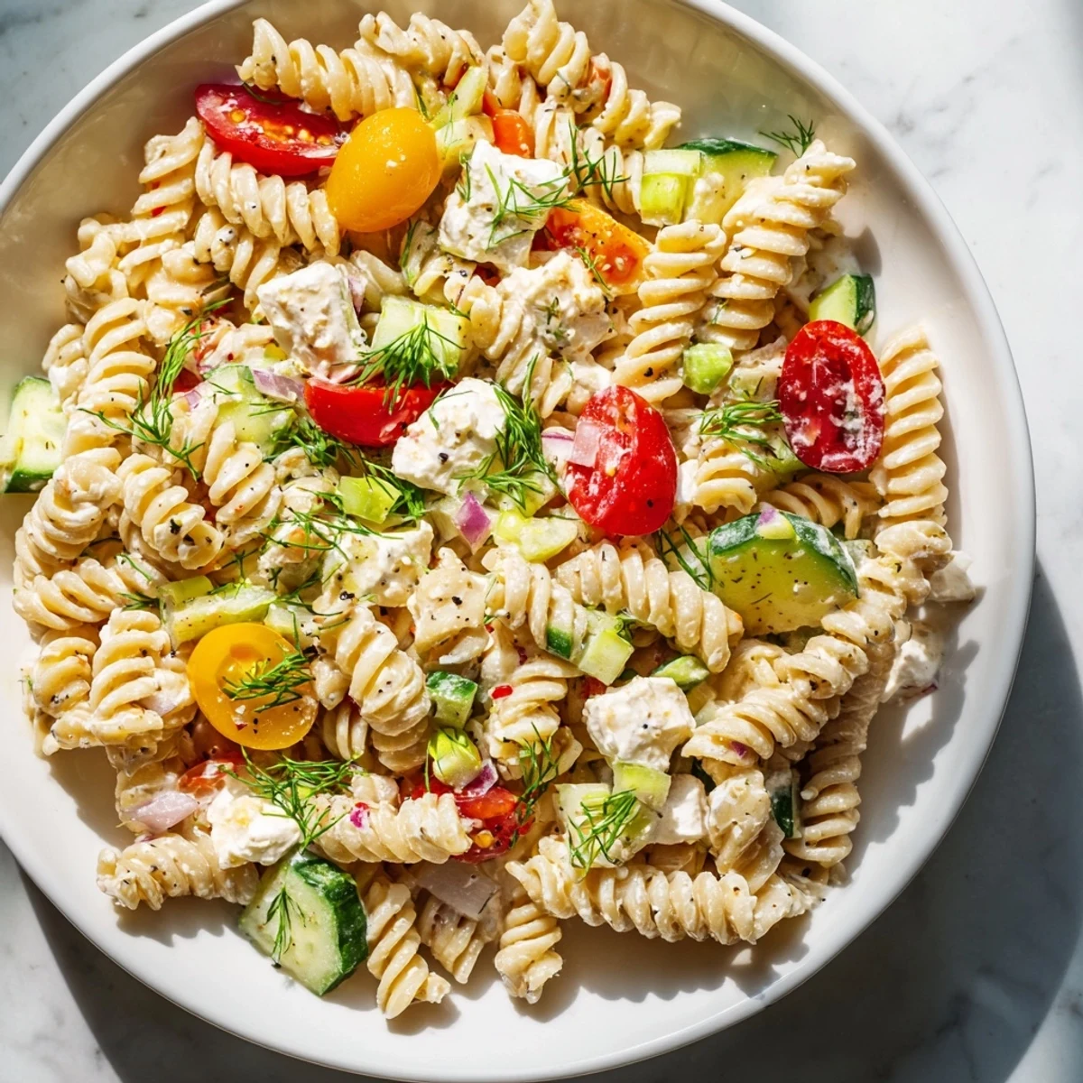 Colorful cottage cheese pasta salad bowl with cherry tomatoes, cucumber, and bell pepper in a light herb dressing