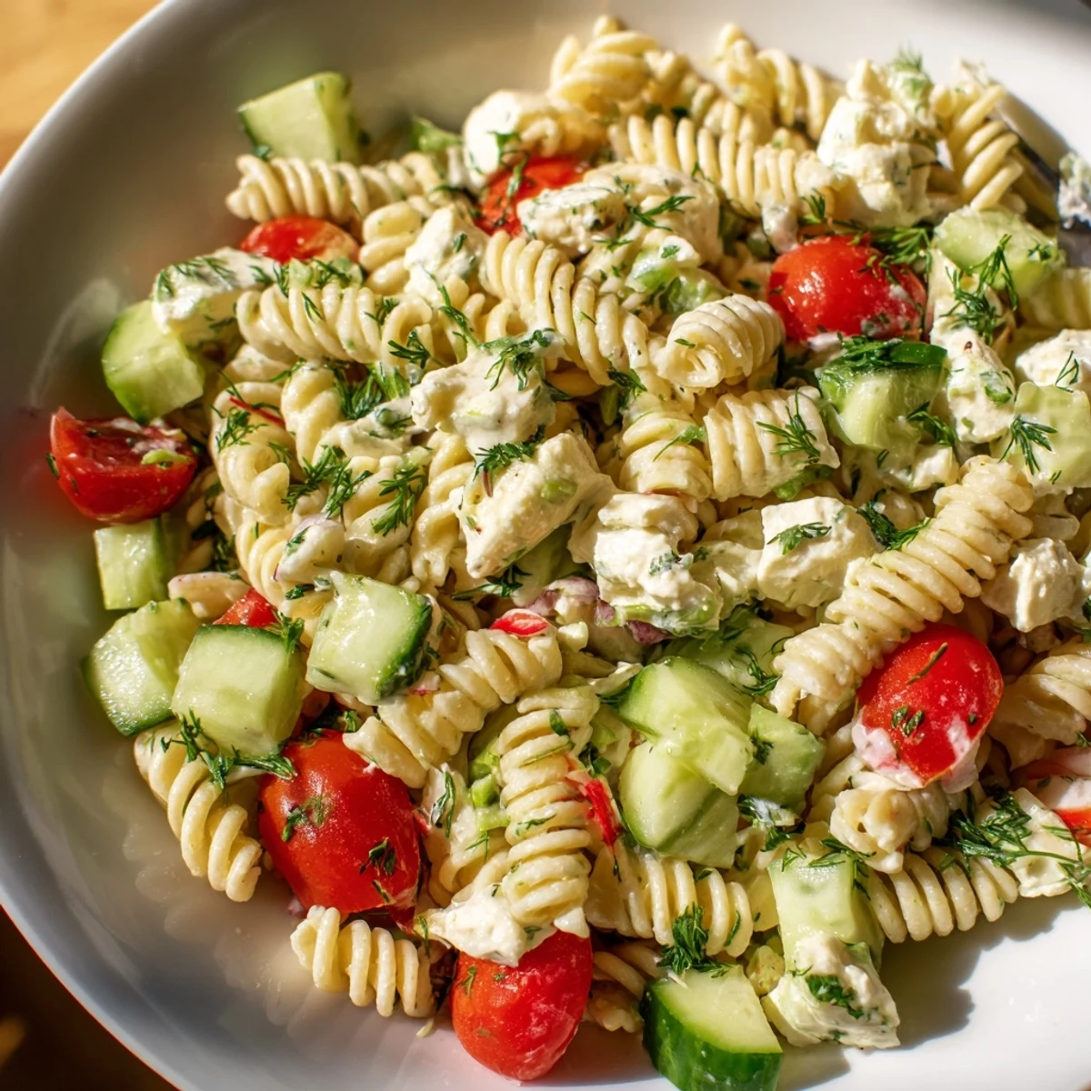 Protein-rich cottage cheese pasta salad featuring crisp vegetables and tangy lemon herb dressing on a white serving plate