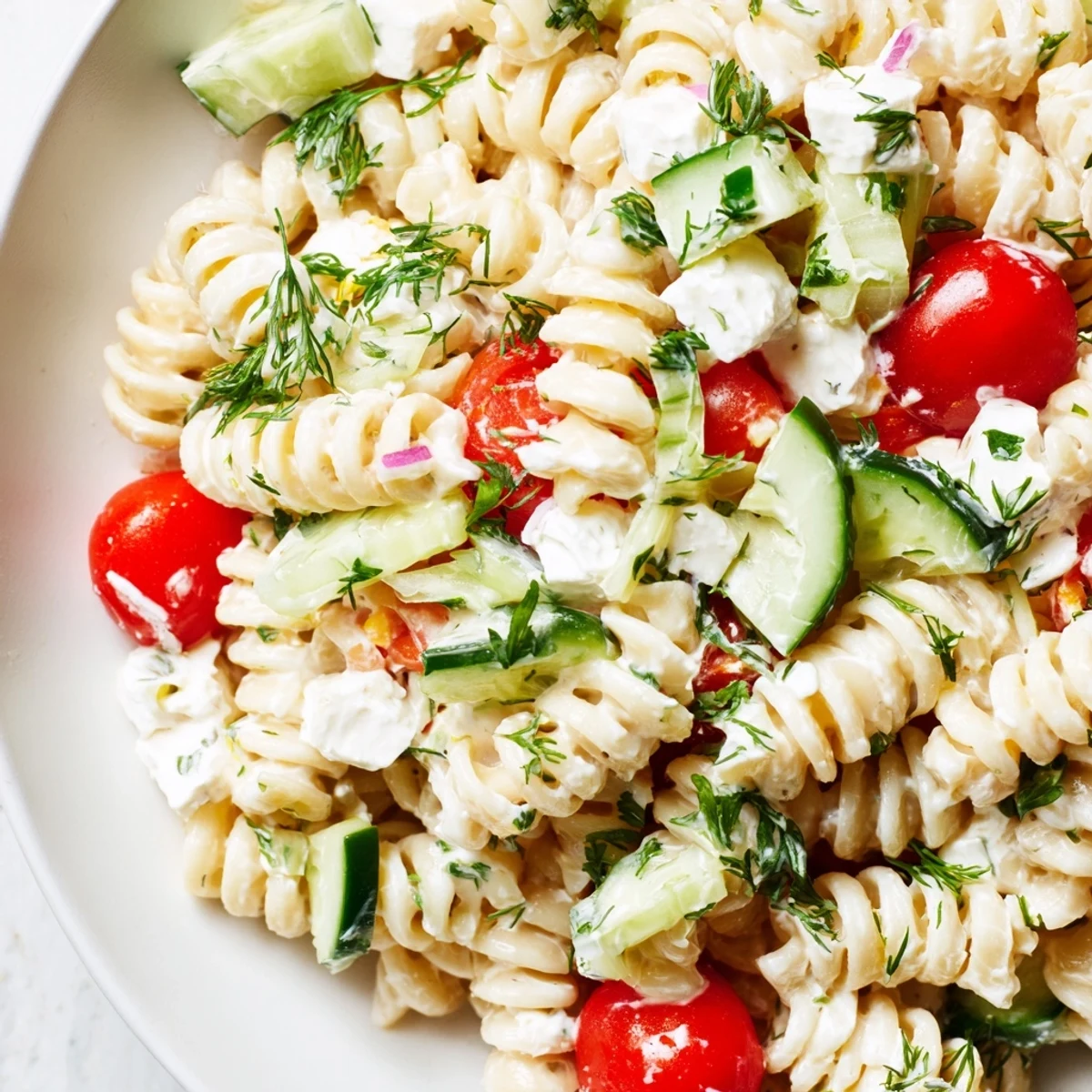 Creamy cottage cheese pasta salad tossed with diced red peppers, spring onions, and fresh herbs for a summer meal