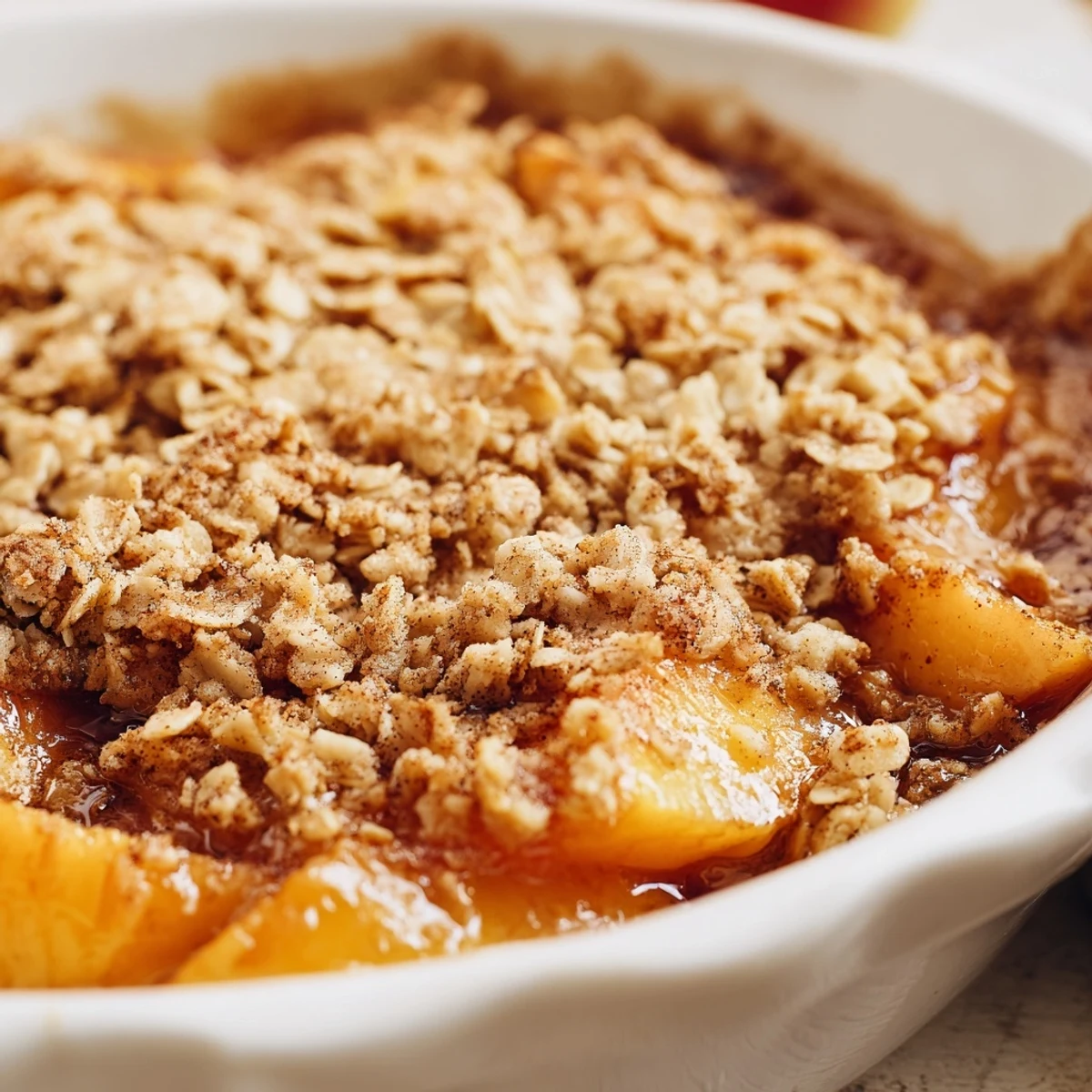Golden brown cinnamon peach crumble with bubbling fruit filling and buttery oat topping