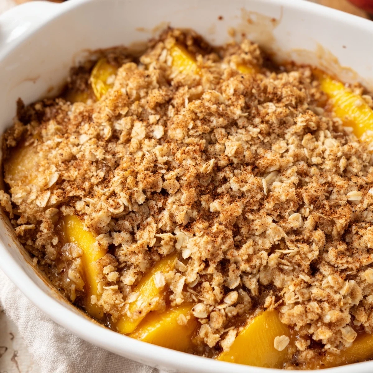Warm baked cinnamon spiced peach crumble served in a white ceramic baking dish