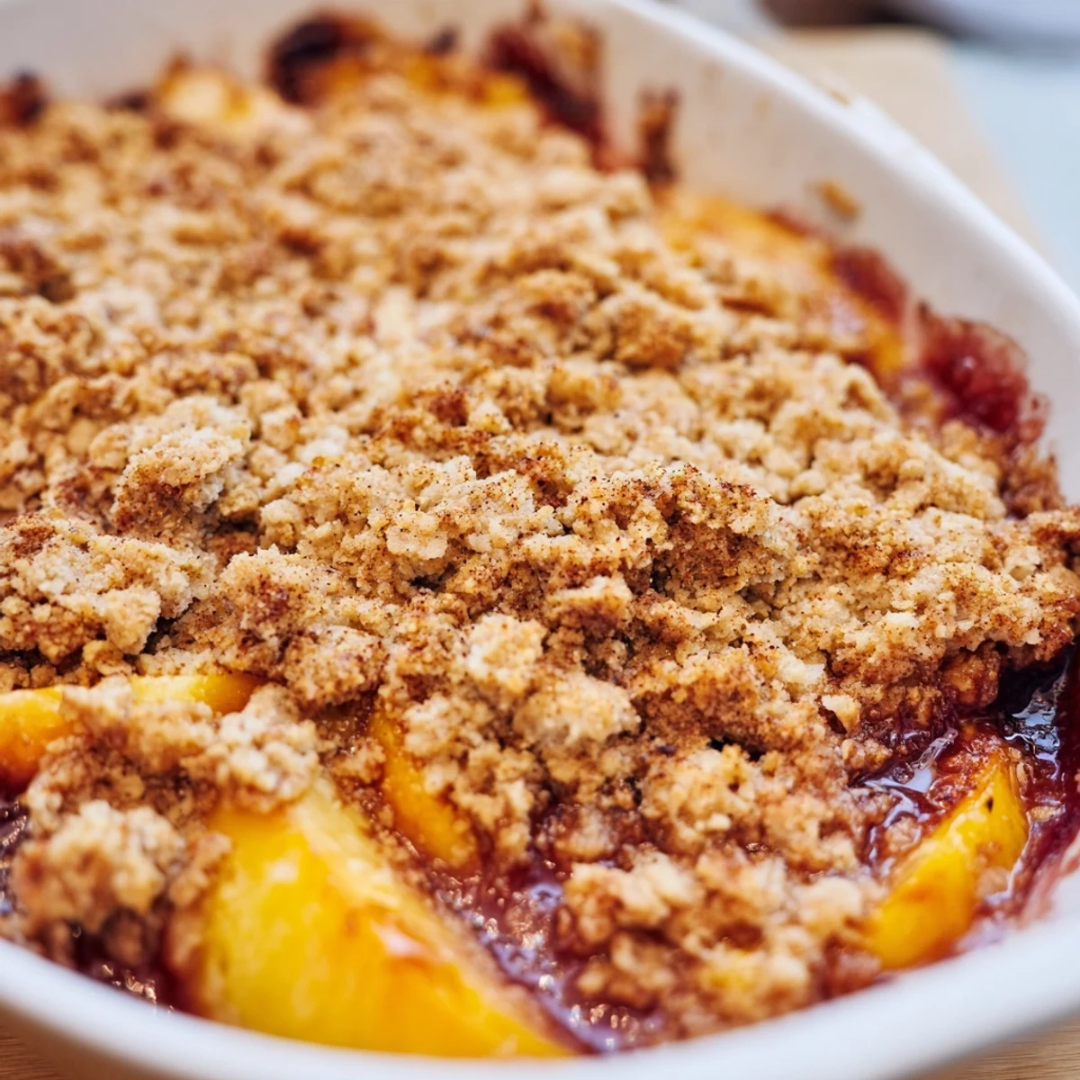 Homemade peach crumble dessert with crispy streusel topping and tender spiced fruit slices