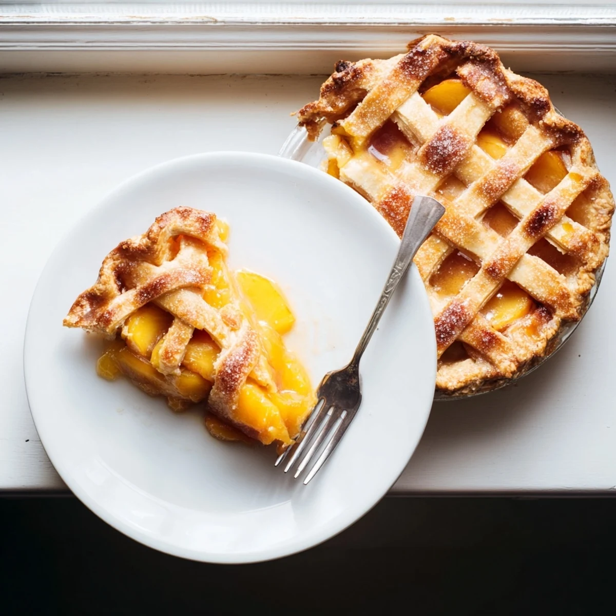 Golden homemade Southern peach pie with juicy spiced fruit filling bubbling beneath a flaky lattice crust