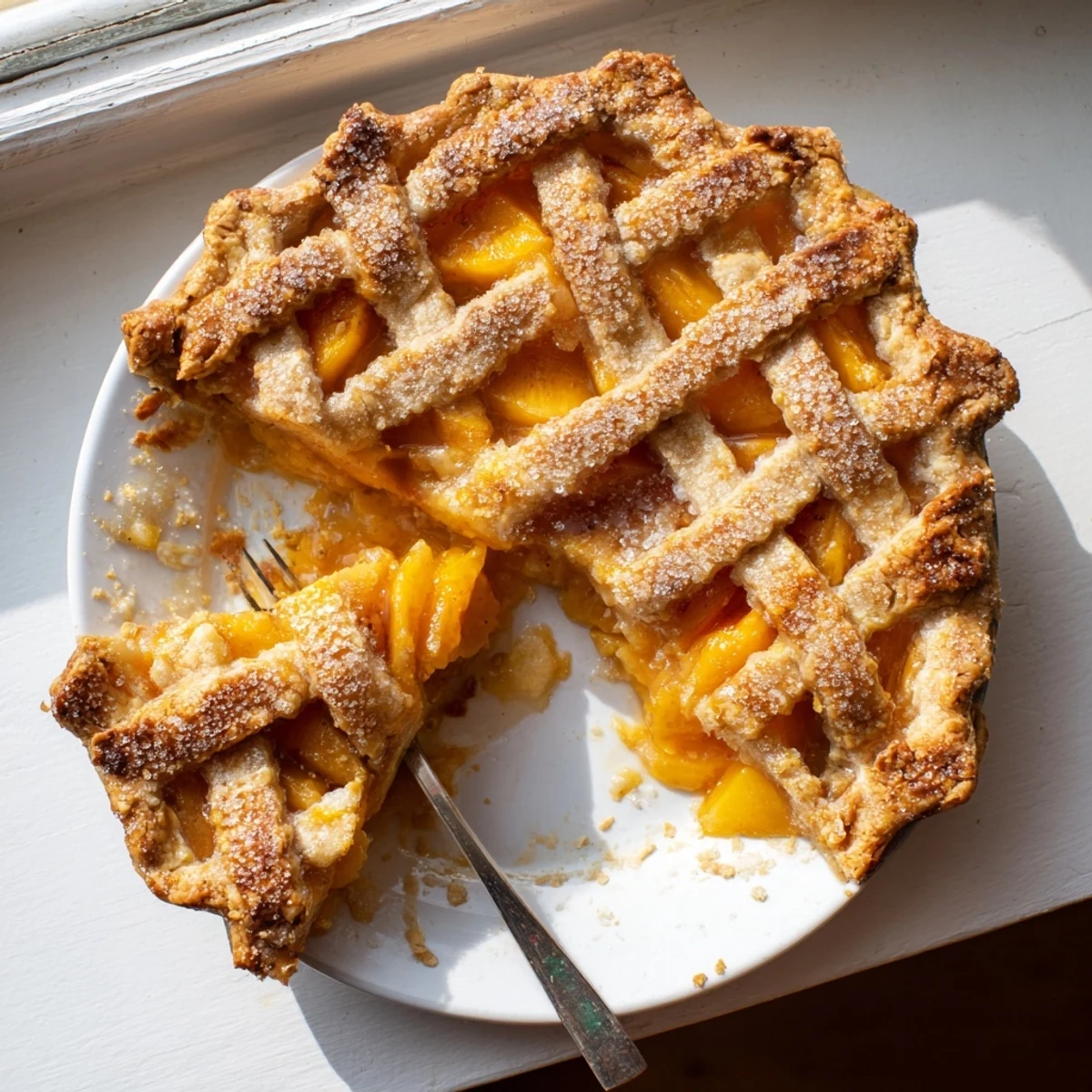 Fresh peach slices baked in buttery pastry until golden brown with cinnamon sugar aroma