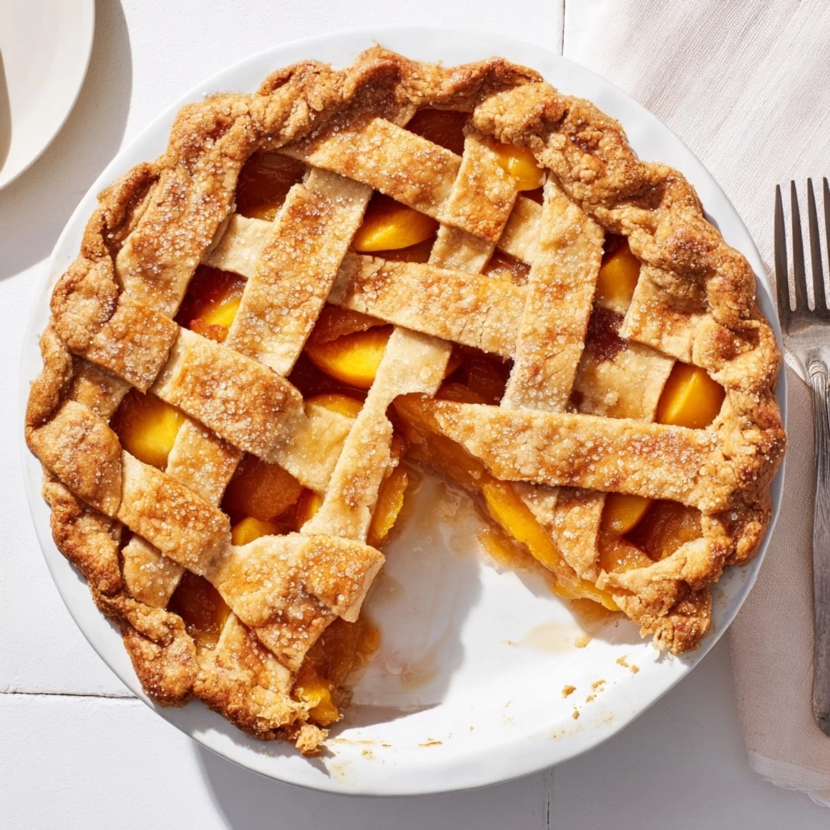 Whole Southern peach pie on wooden board topped with coarse sugar and cooling on wire rack