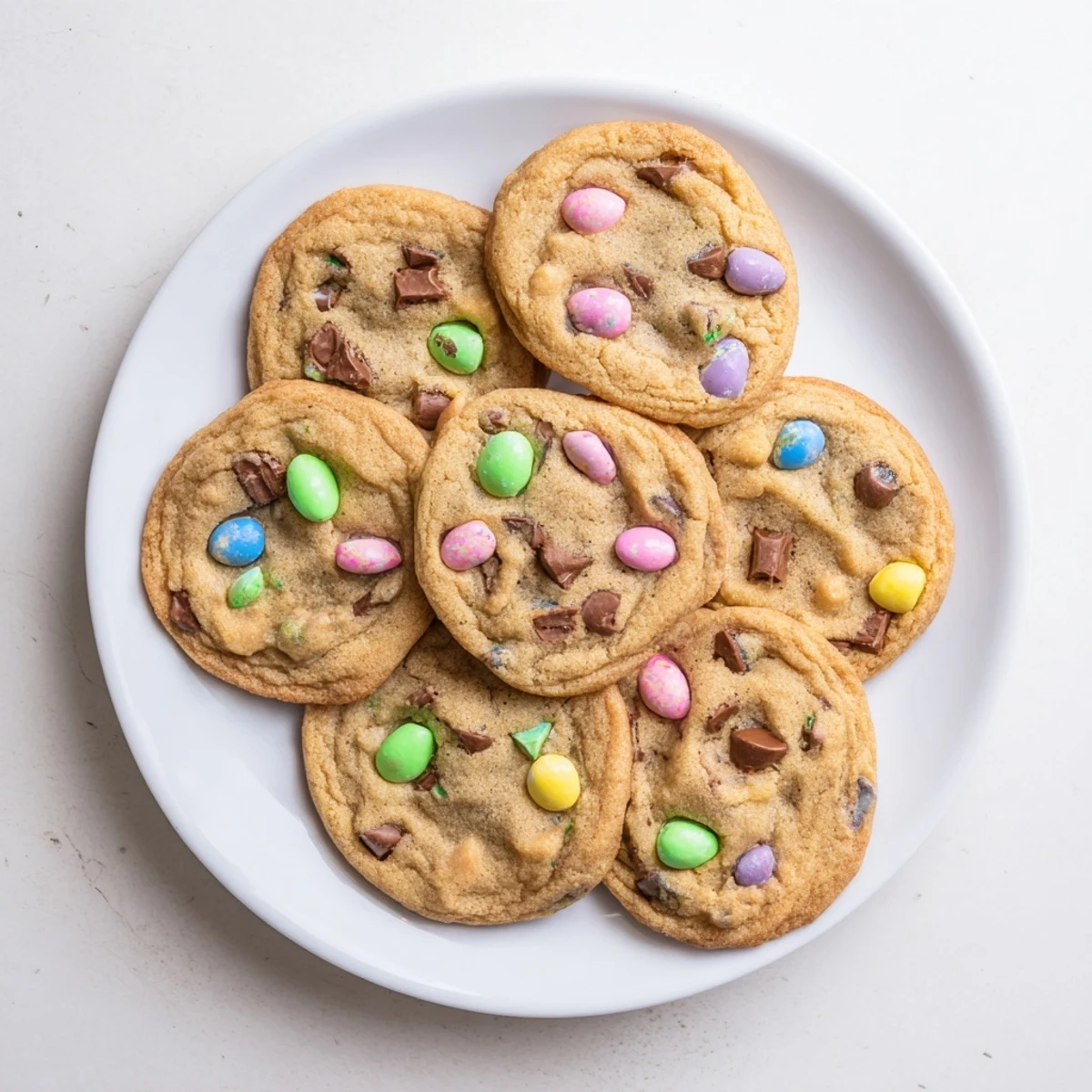 Golden mini egg cookies with colorful chocolate candies baked to chewy perfection on a white plate