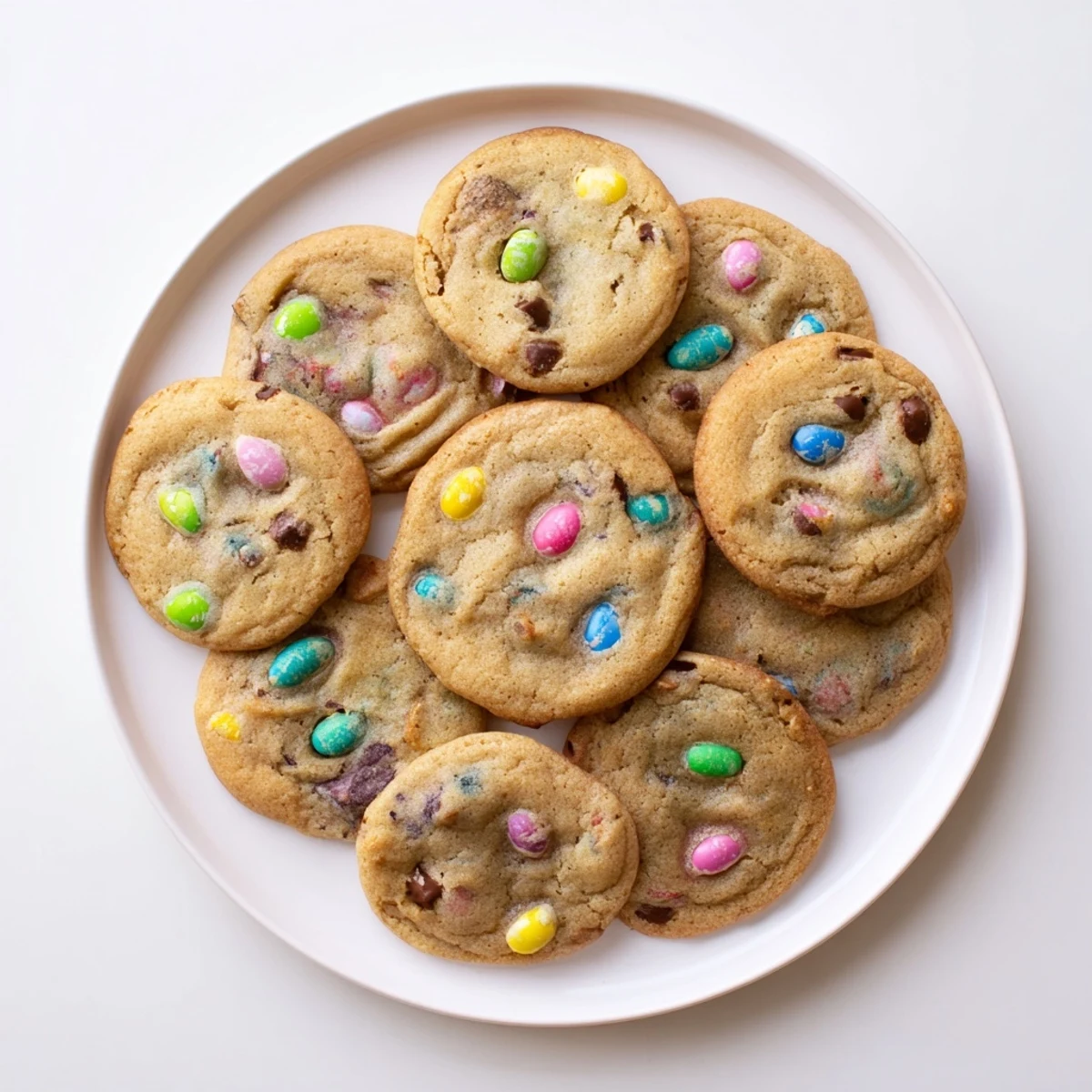 Buttery homemade mini egg cookies studded with pastel chocolate pieces, fresh from the oven