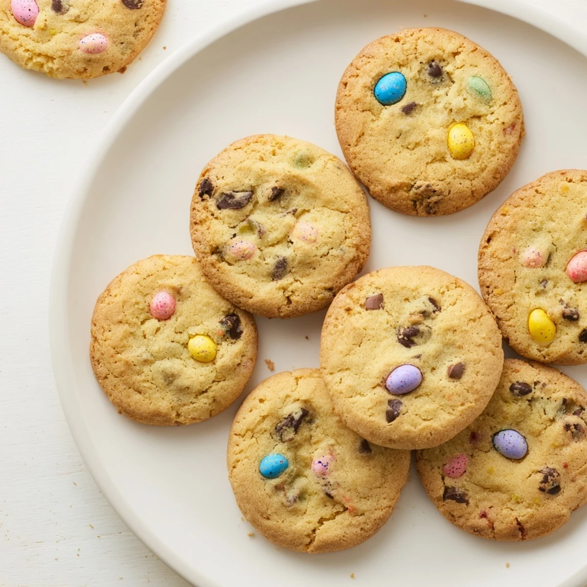 Stack of soft mini egg cookies featuring chopped colorful candy eggs on a wooden surface