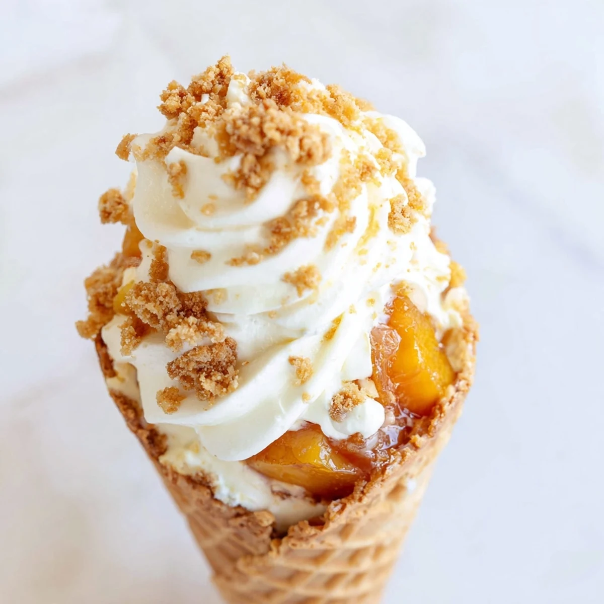 Golden brown waffle cones piled high with creamy cheesecake filling and spiced peach cobbler topping