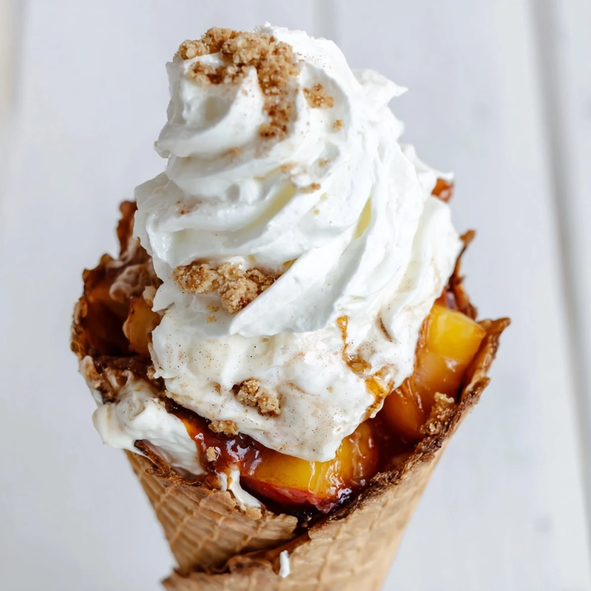 Handheld peach cobbler cheesecake cones featuring whipped vanilla mousse and cinnamon glazed fresh peaches