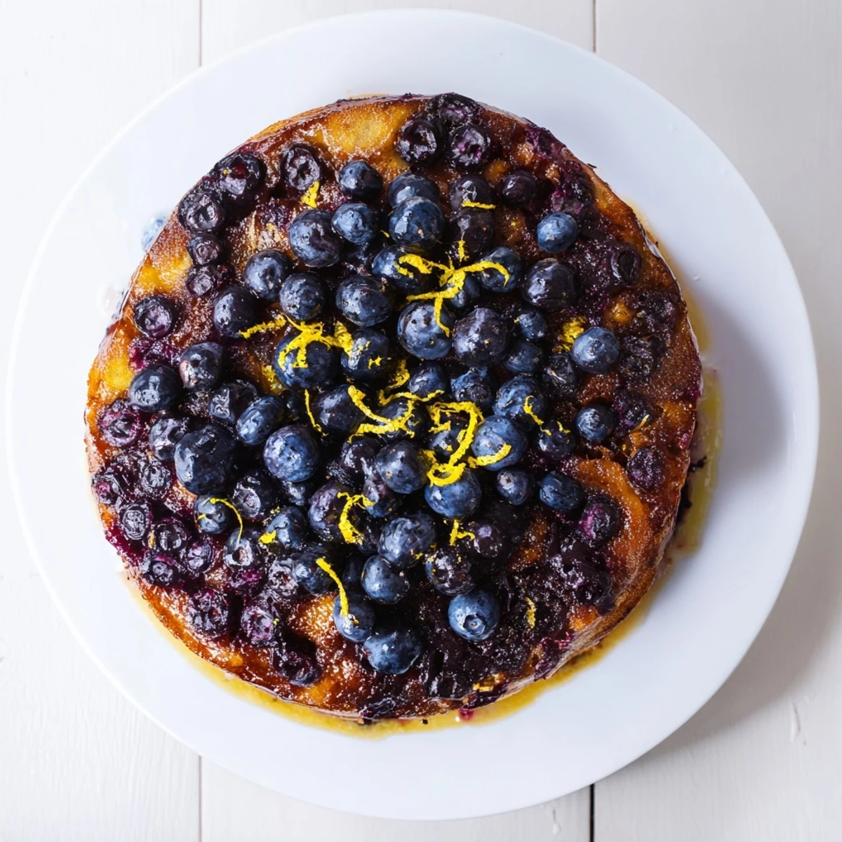 Slice of blueberry upside down cake served on a white plate with whipped cream dollop