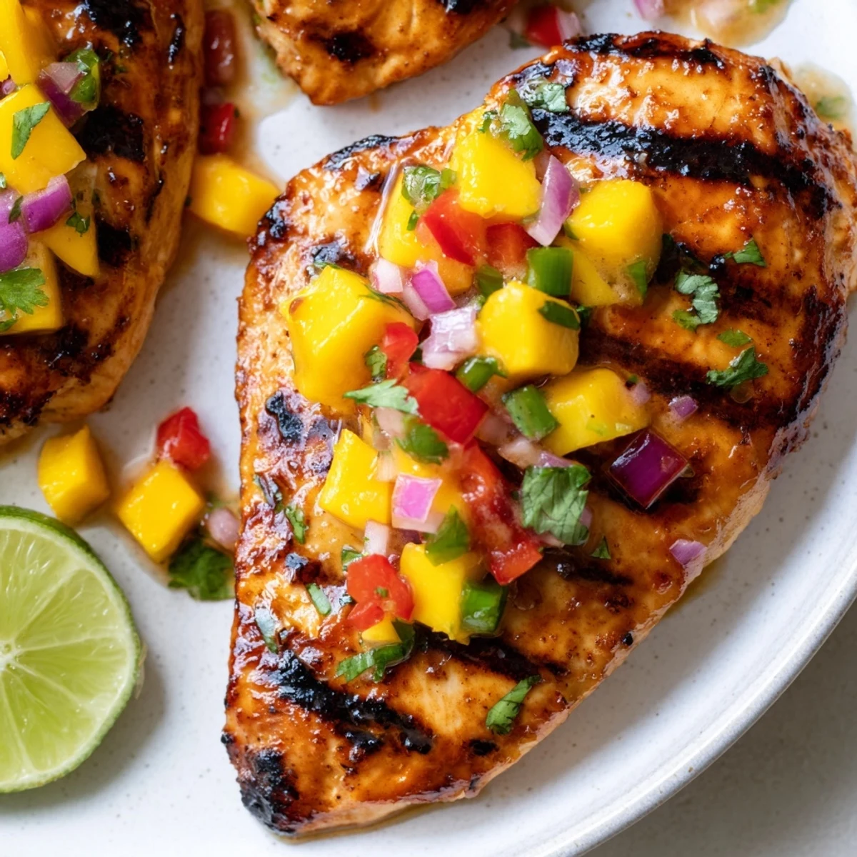 Juicy honey lime chicken marinated in citrus sauce finished with vibrant diced mango and red pepper