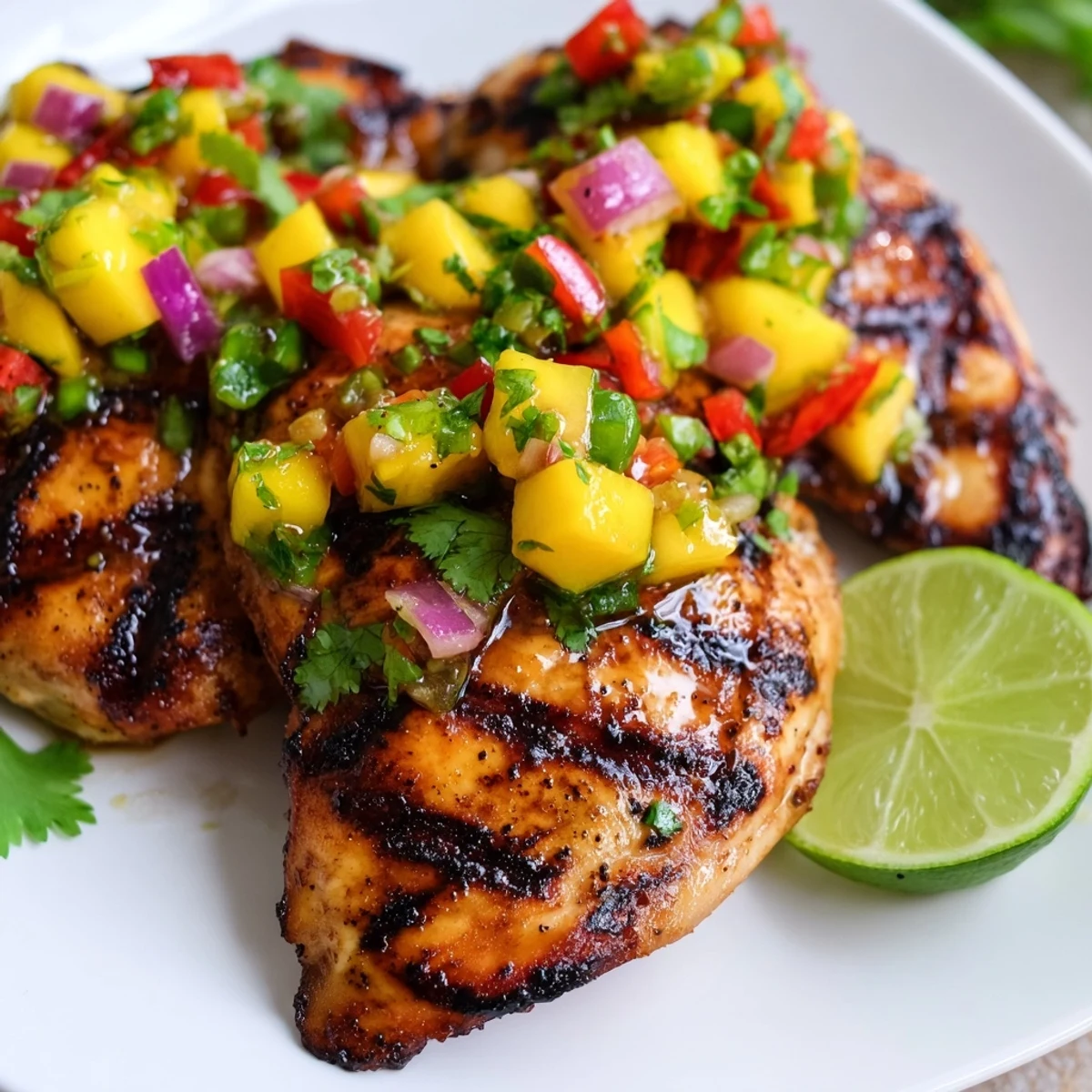 Golden grilled honey lime chicken breasts topped with colorful fresh mango salsa and cilantro garnish