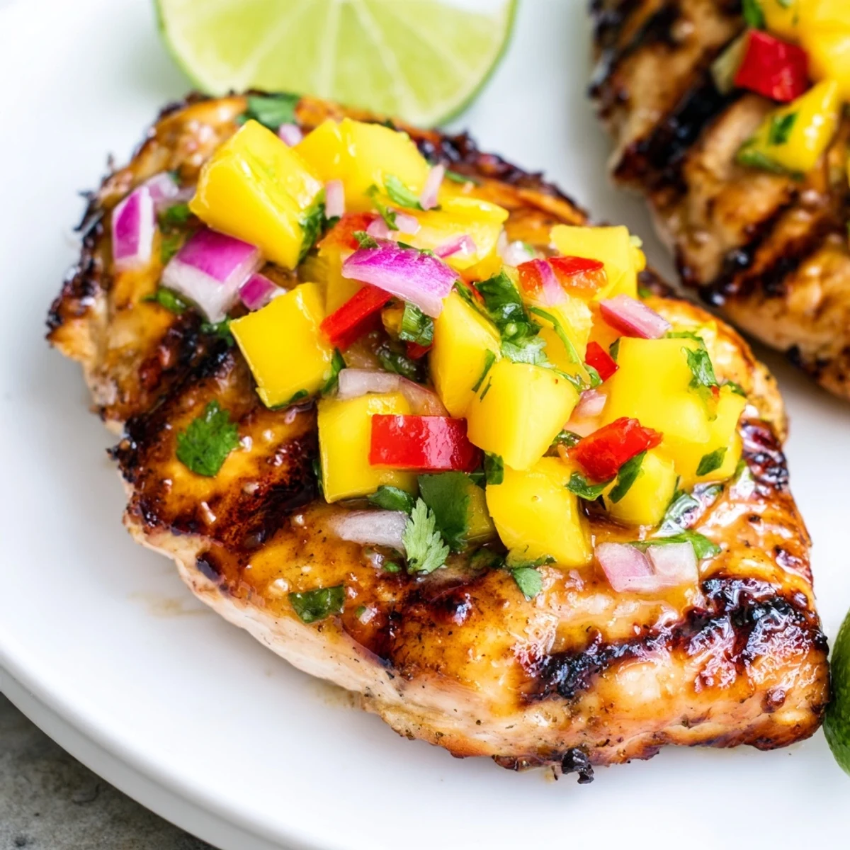 Tender grilled honey lime chicken serving garnished with zesty mango salsa and fresh lime wedges