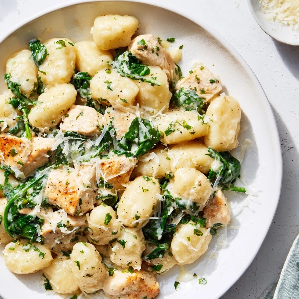 Creamy lemon chicken gnocchi in a skillet with spinach and melted Parmesan cheese