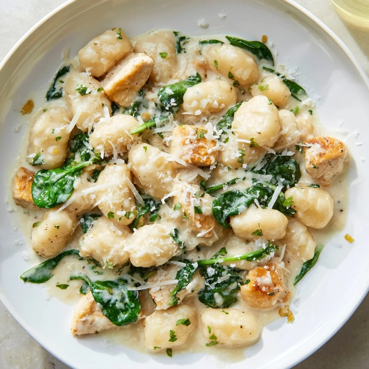 Golden chicken and pillowy gnocchi in bright lemon garlic sauce with fresh wilted spinach