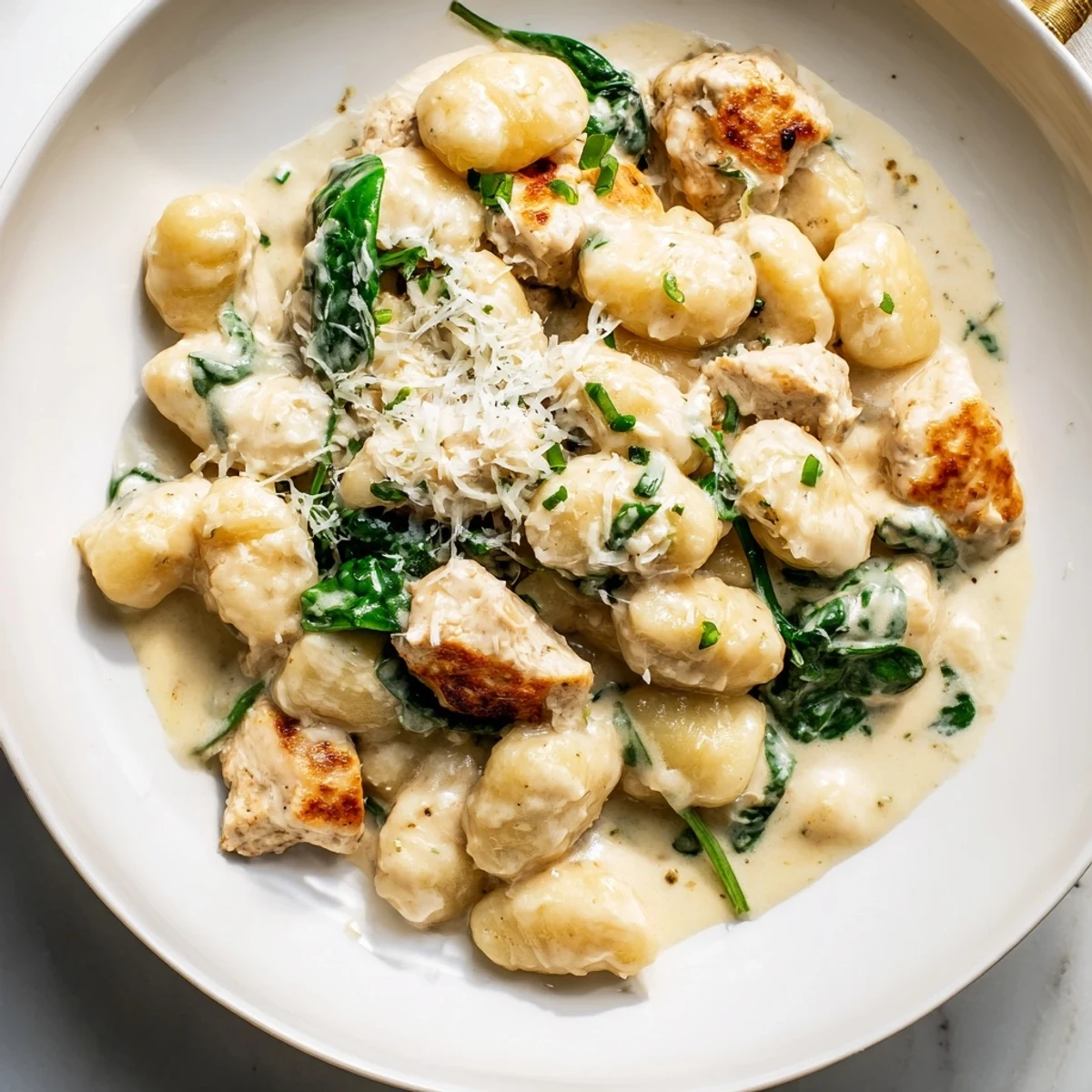 One pan lemon chicken gnocchi featuring tender meat in creamy white sauce with green parsley