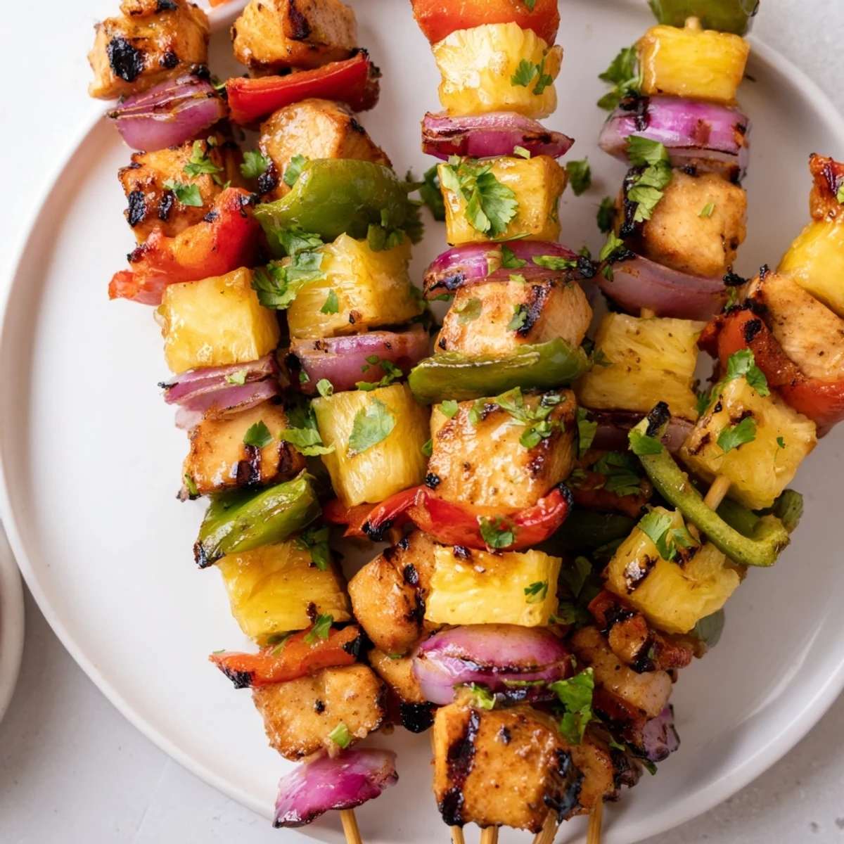 Golden grilled pineapple chicken kabops threaded with colorful bell peppers and red onion on metal skewers