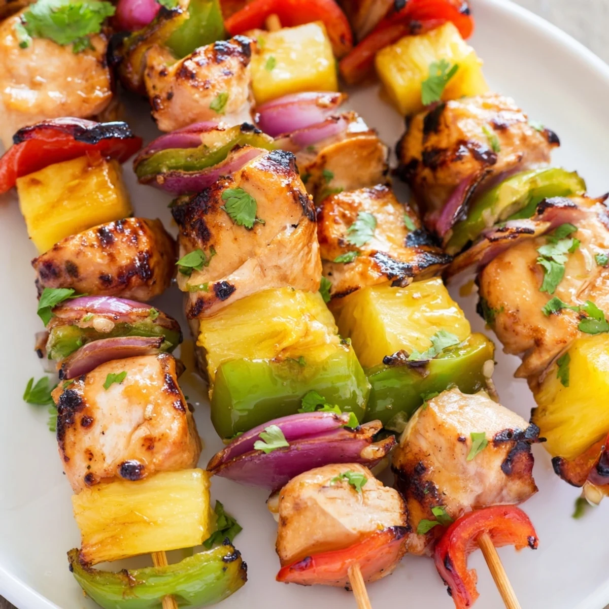 Tropical pineapple chicken kabobs featuring glazed meat and fruit alternately stacked on skewers for summer barbecues