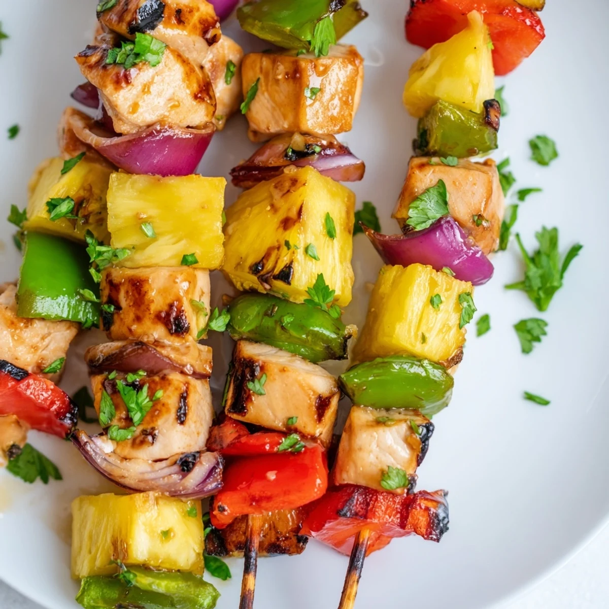 Tender marinated chicken and sweet pineapple chunks grilled to juicy perfection with charred vegetables