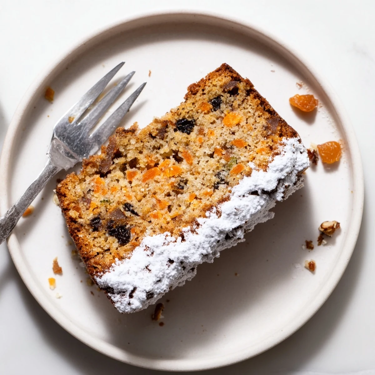 Slice of tender one bowl Greek yogurt carrot cake topped with optional crunchy walnuts and raisins.