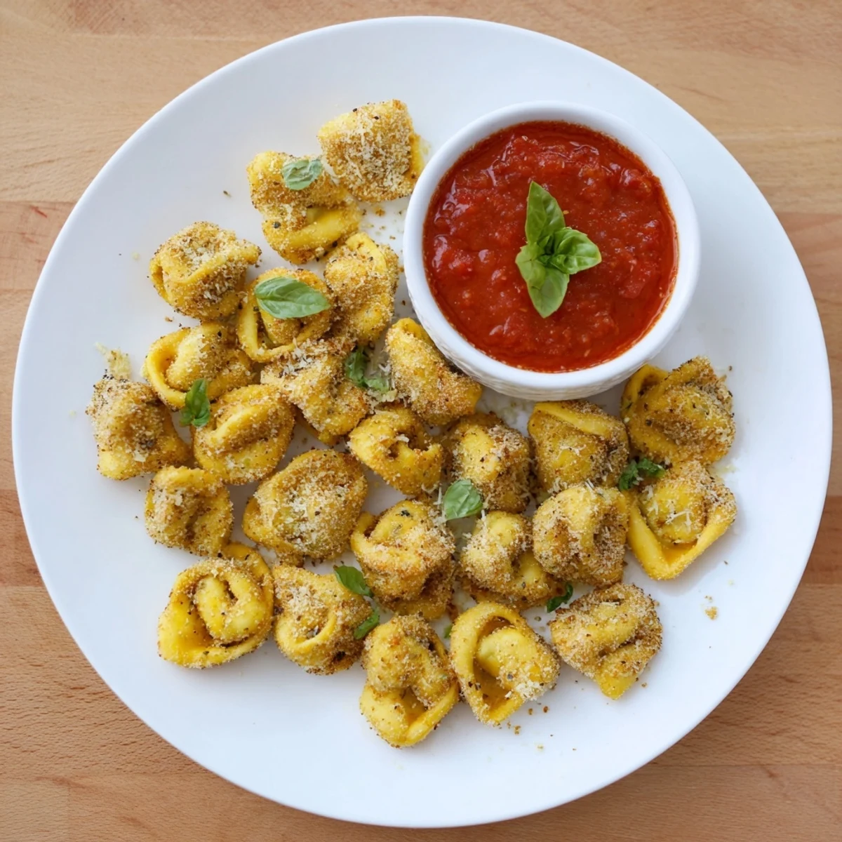 Crispy breaded tortellini fresh from the air fryer, sprinkled with fresh basil alongside a bowl of red tomato sauce